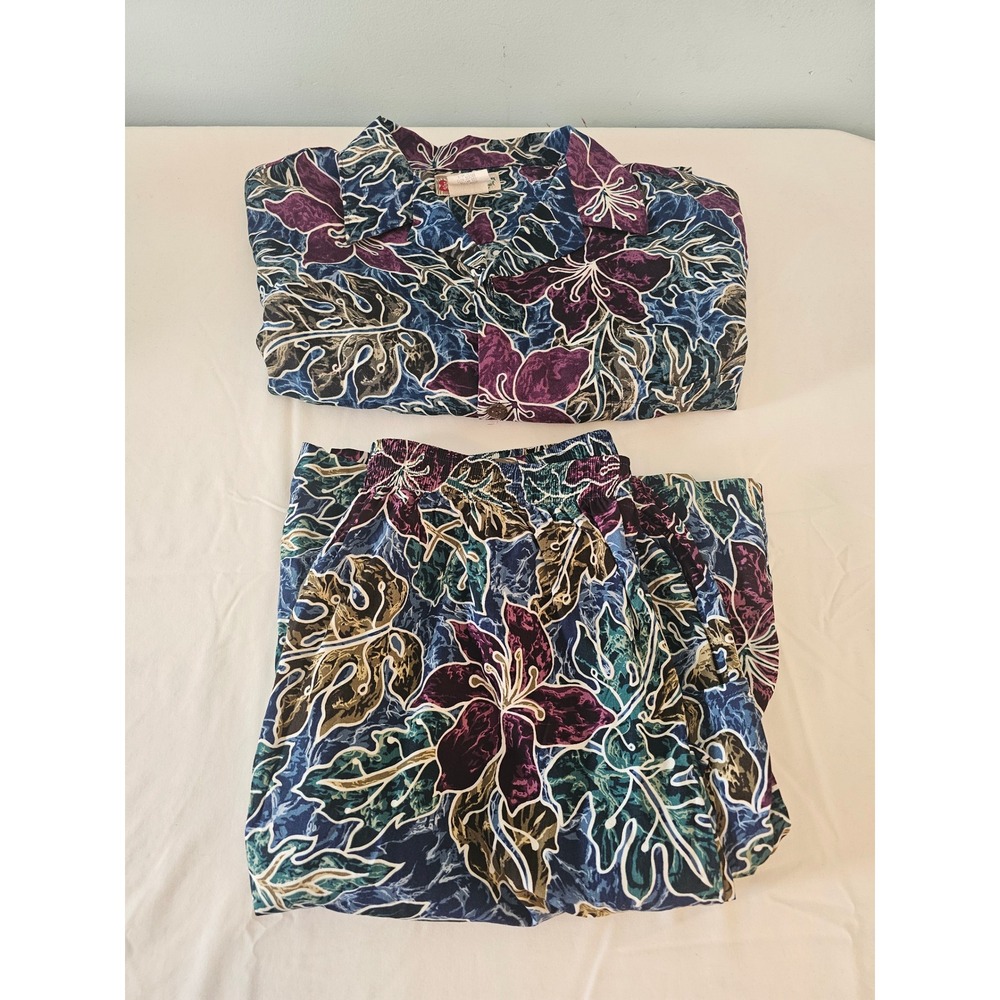 Vintage Hilo Hattie Floral Set Women Large Blue Purple Rayon Shirt Shorts 2pc